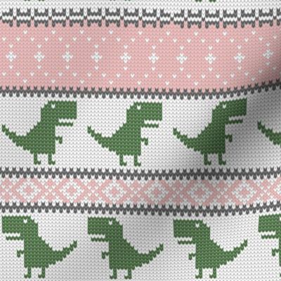 Dino Fair Isle - pink and green - T-rex winter knit