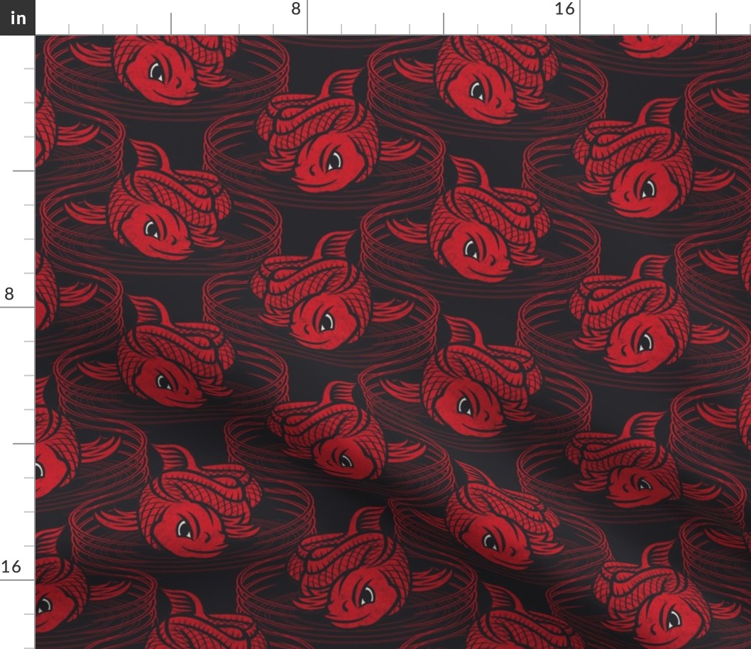 ★ KOI FISH INVASION ★ Black & Red - Large Scale / Collection : Japanese Koi Block Print