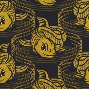 ★ KOI FISH INVASION ★ Black & Mustard Yellow - Large Scale / Collection : Japanese Koi Block Print