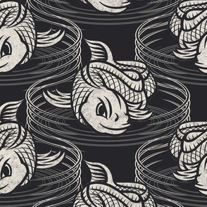 ★ KOI FISH INVASION ★ Black & White - Large Scale / Collection : Japanese Koi Block Print