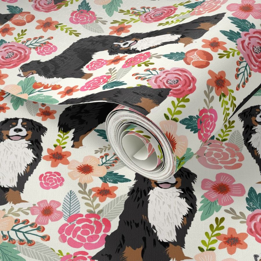 SMALL - bernese mountain dog florals dog flowers cute dog design sweet florals best dog flower fabrics dog fabric bernese mountain dog fabric