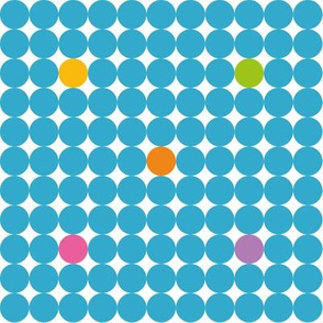 Blue dots with orange yellow green pink and purple spots