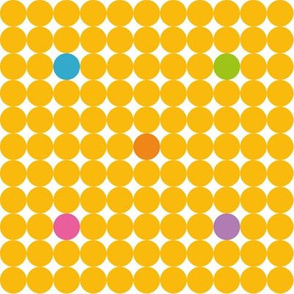 Yellow Dots with green purple blue orange and pink spots