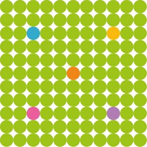 Green Dots with blue yellow orange pink and purple spots