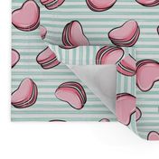 Heart Shaped Macarons - Valentines day  - pink on aqua stripes