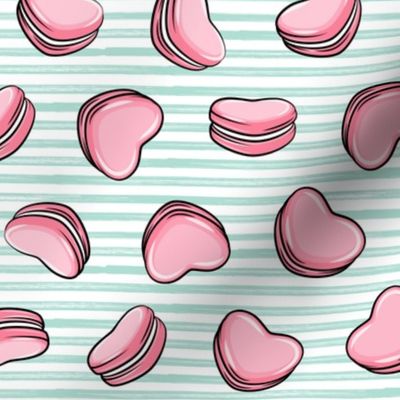 Heart Shaped Macarons - Valentines day  - pink on aqua stripes