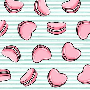 Heart Shaped Macarons - Valentines day  - pink on aqua stripes