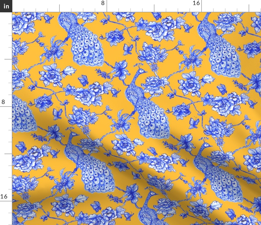 chinoiserie peacock floral golden yellow