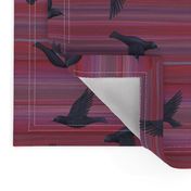 black crows fly on maroon red purple