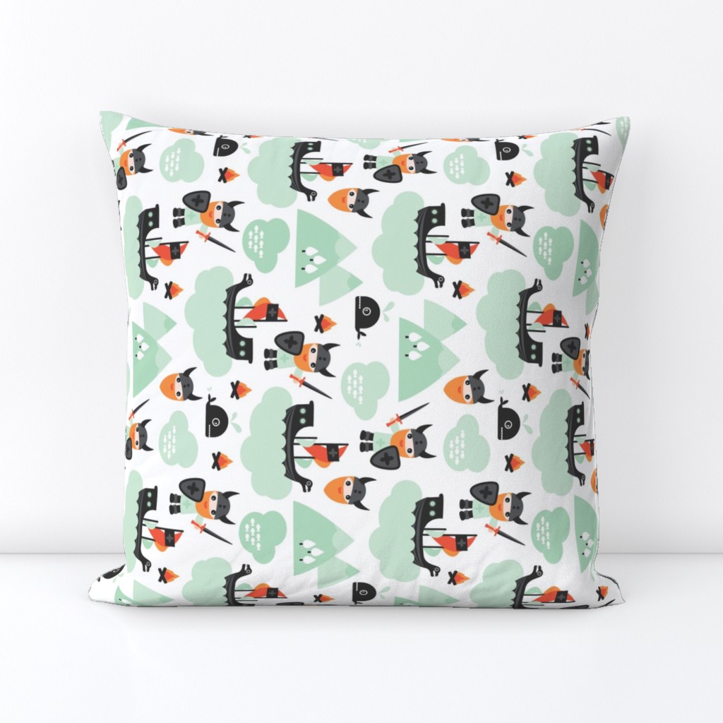 Cute kids historical hero theme viking battle ship whale and scandinavian woodland in mint and orange rotated