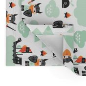 Cute kids historical hero theme viking battle ship whale and scandinavian woodland in mint and orange rotated