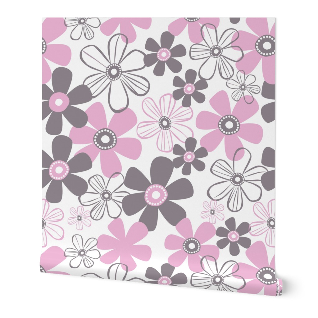 Whimsical Pink And Grey Flowers