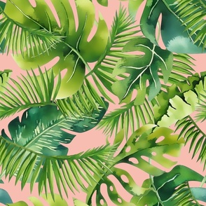 Lush Green Monstera And Palm Leaf Pattern On Pastel Peach 
