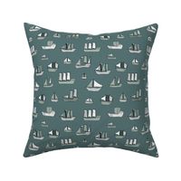 Fishing sailing coastal boats and pirate ships on the shore and at sea dusty green winter