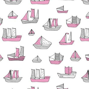 Fishing sailing boats and pirate ships on the shore and at sea pink girls white