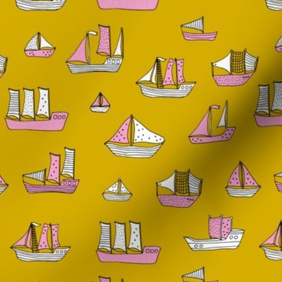 Fishing sailing boats and pirate ships on the shore and at sea yellow ochre pink