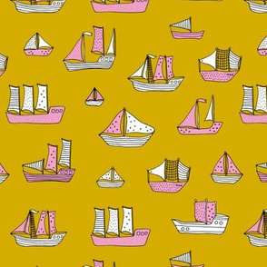 Fishing sailing boats and pirate ships on the shore and at sea yellow ochre pink