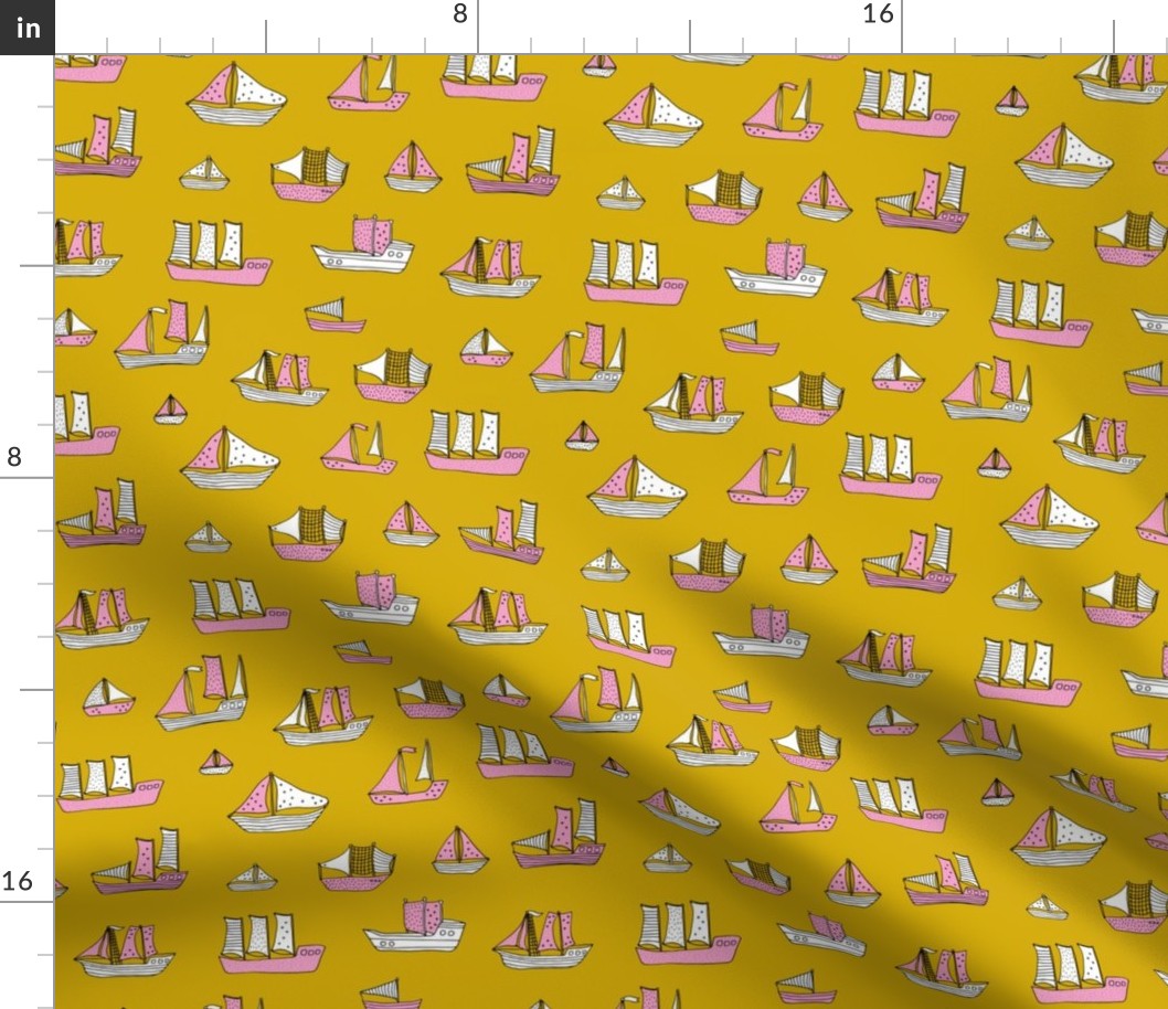 Fishing sailing boats and pirate ships on the shore and at sea yellow ochre pink