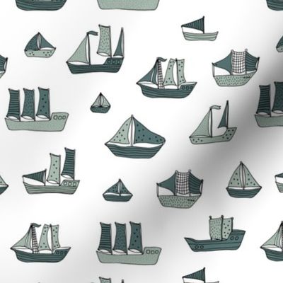 Fishing sailing boats and pirate ships on the shore and at sea dusty green