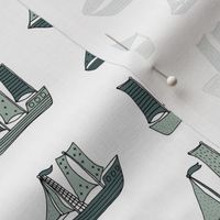 Fishing sailing boats and pirate ships on the shore and at sea dusty green