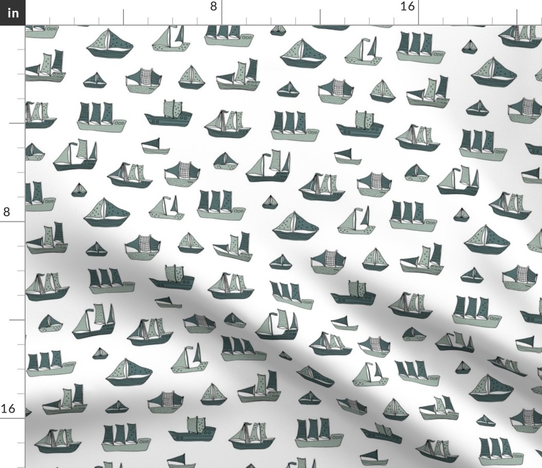 Fishing sailing boats and pirate ships on the shore and at sea dusty green