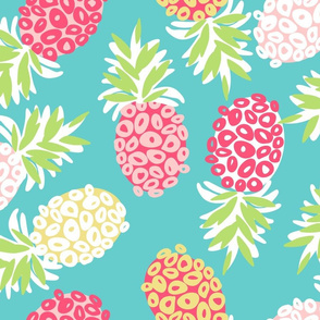 Tropical Pineapples on Teal Blue
