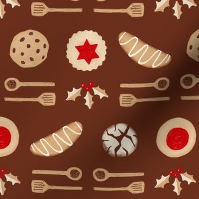 Christmas Cookies & Spoons Stripe on Brown