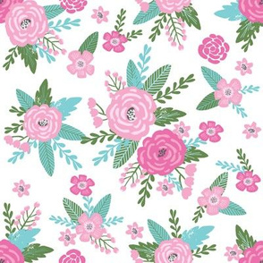 pink and teal floral, floral fabric, floral design, cute floral pattern, pink and blue flowers, floral fabric, cute floral design - white