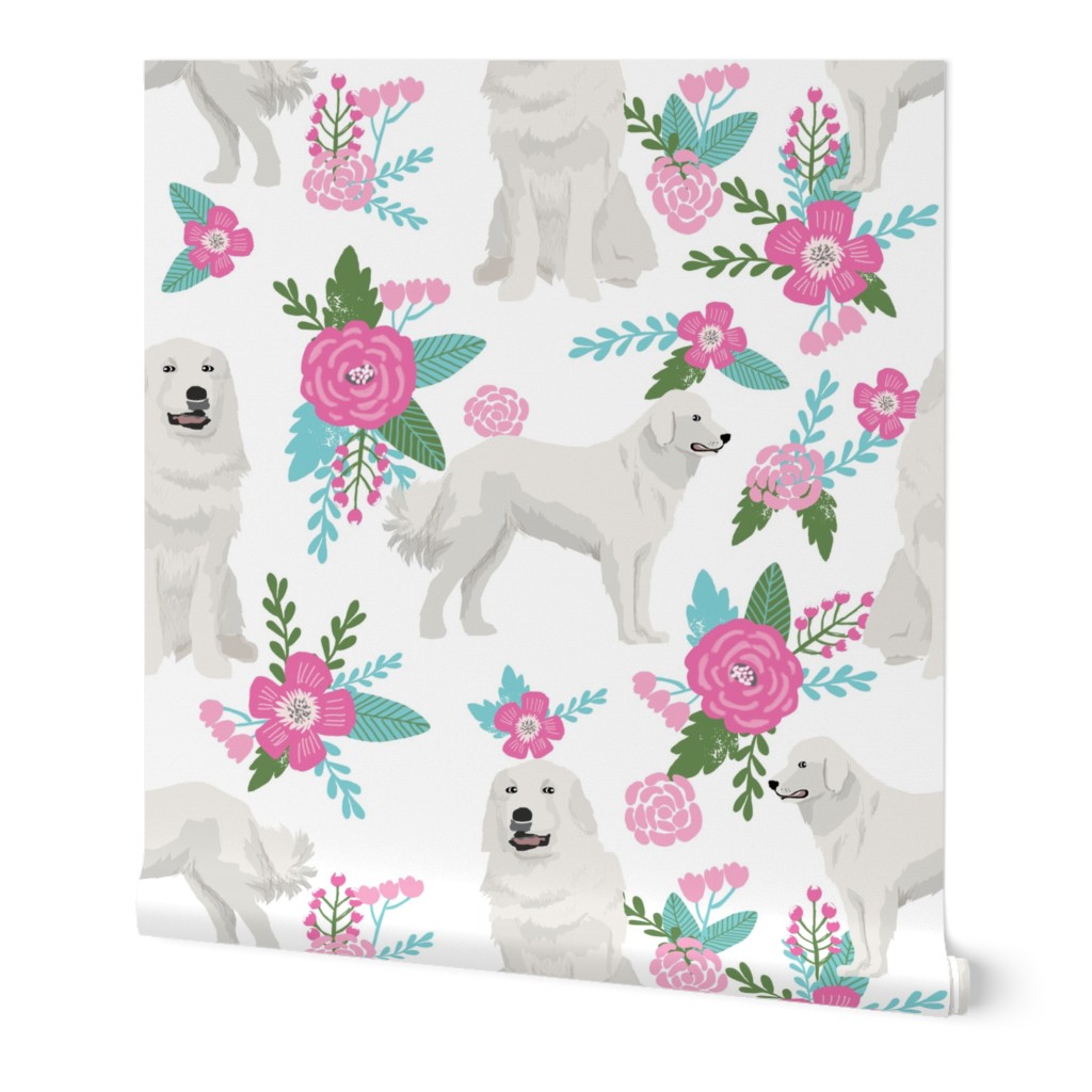 great pyrenees dog fabric, floral dog fabric, dog fabric, pet fabric, cute floral fabric, dogs, great pyrenees dog, dog design, cute dog - white