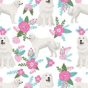 great pyrenees dog fabric, floral dog fabric, dog fabric, pet fabric, cute floral fabric, dogs, great pyrenees dog, dog design, cute dog - white