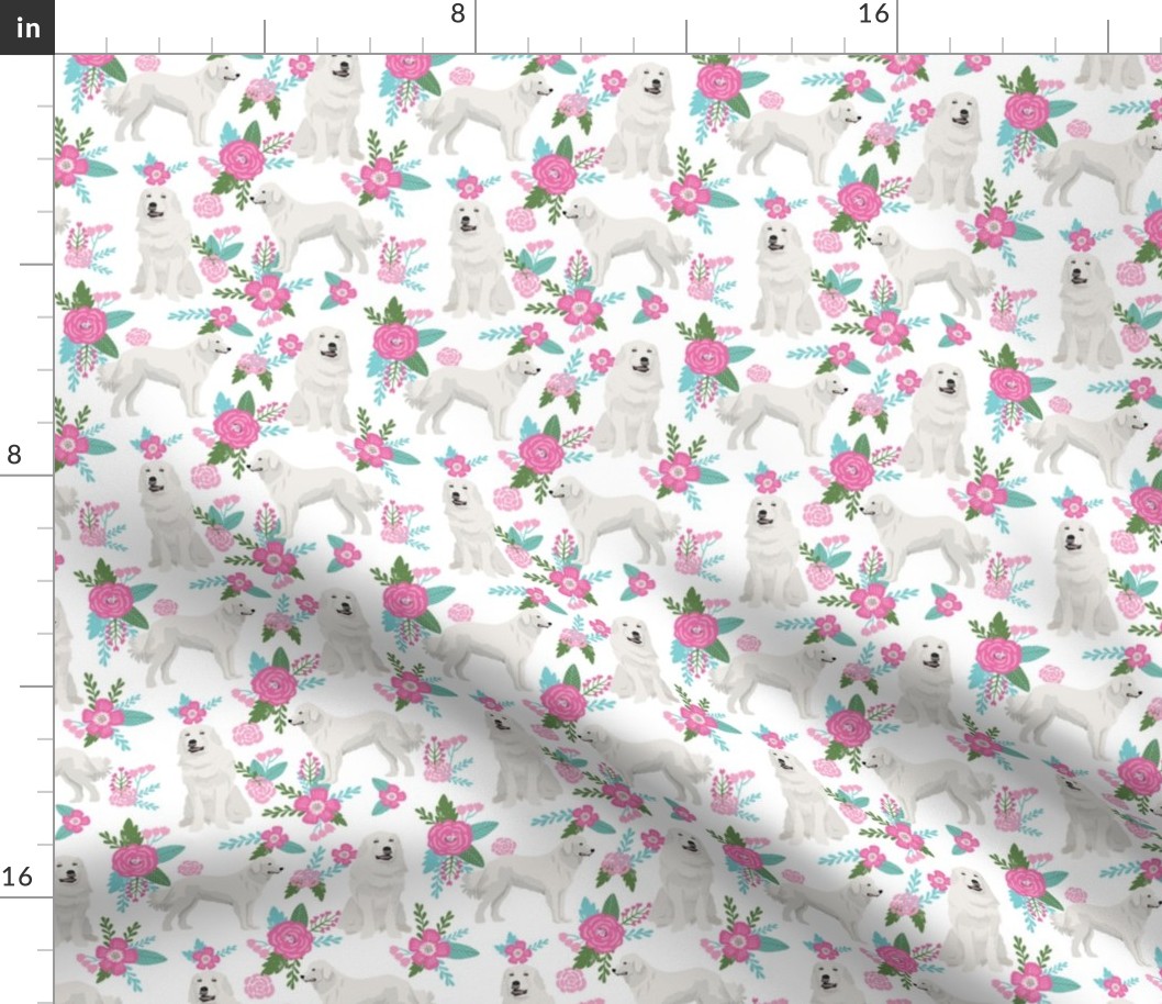 great pyrenees dog fabric, floral dog fabric, dog fabric, pet fabric, cute floral fabric, dogs, great pyrenees dog, dog design, cute dog - white