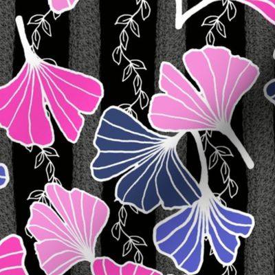 Bright Pink Blue Ginkgos on Black Stripe