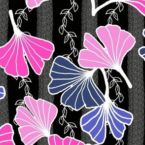 Bright Pink Blue Ginkgos on Black Stripe