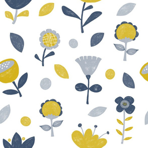 Retro Scandi Floral in Yellow, Blue and Grey