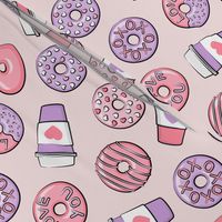 donuts and coffee - valentines day - pink and purple on light pink