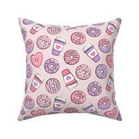 donuts and coffee - valentines day - pink and purple on light pink