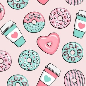donuts and coffee - valentines day - pink and teal on light pink
