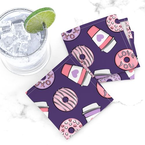 donuts and coffee - valentines day - pink and purple on dark purple