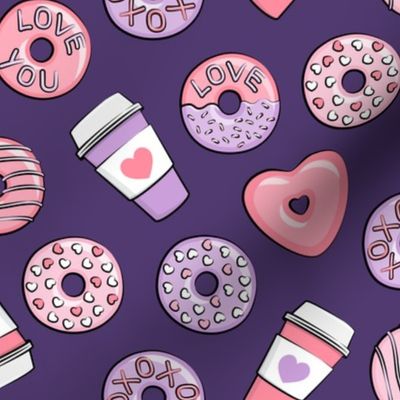 donuts and coffee - valentines day - pink and purple on dark purple