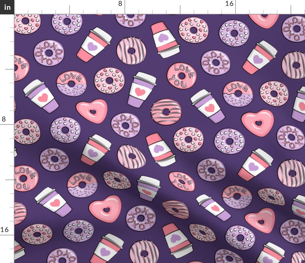 donuts and coffee - valentines day - pink and purple on dark purple