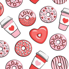 donuts and coffee - valentines day -  red and pink on white
