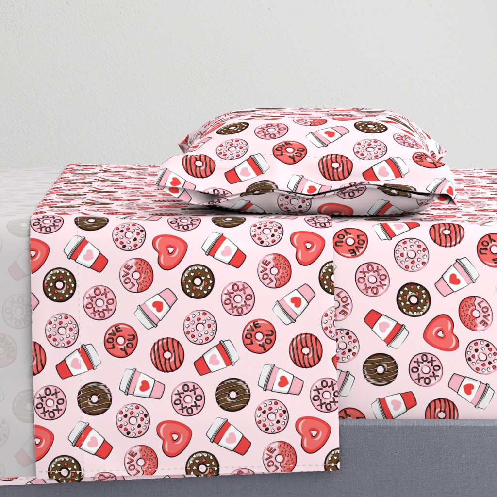 donuts and coffee - valentines day - red, pink, & chocolate on pink