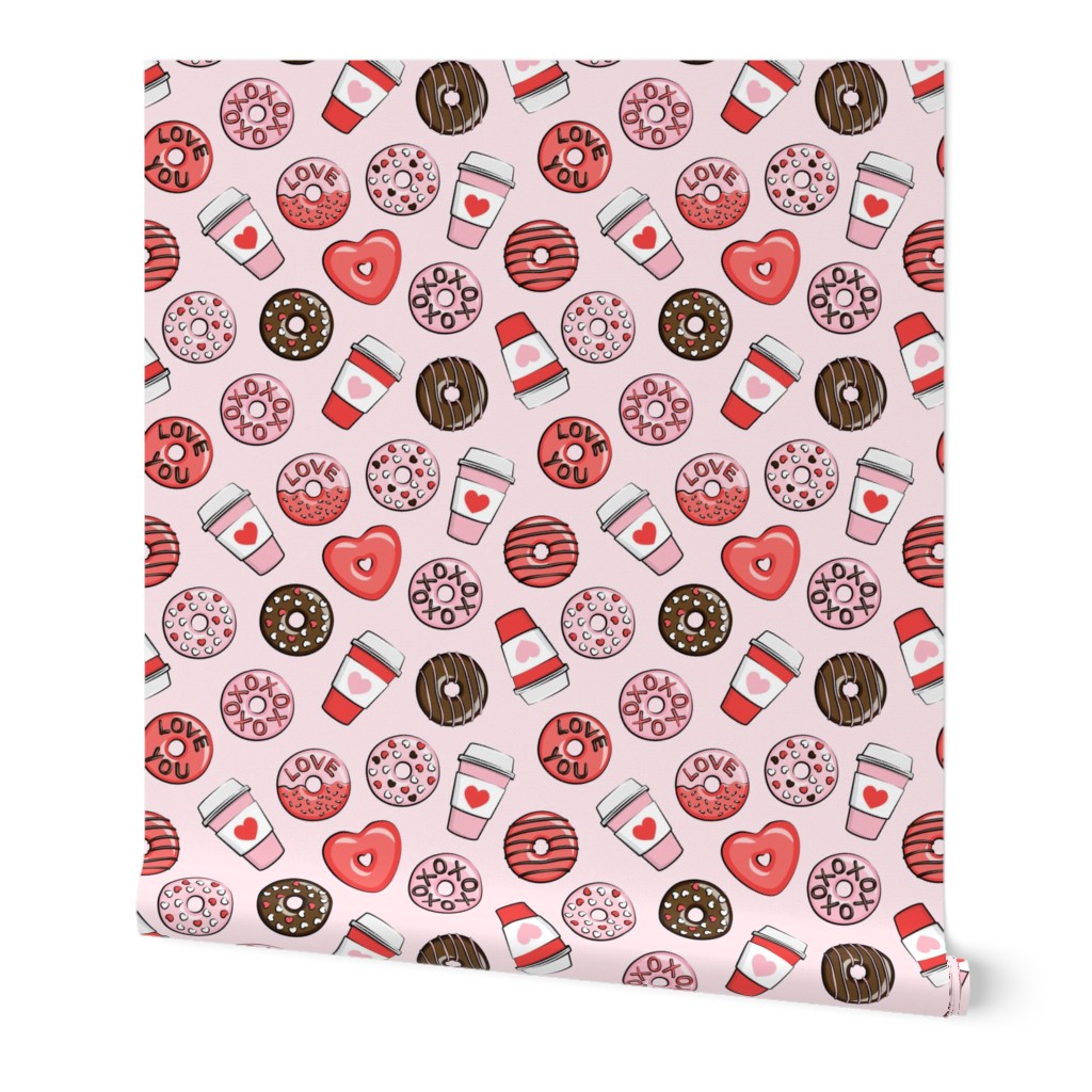 donuts and coffee - valentines day - red, pink, & chocolate on pink