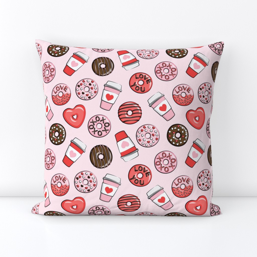 donuts and coffee - valentines day - red, pink, & chocolate on pink