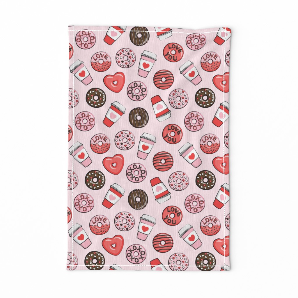 donuts and coffee - valentines day - red, pink, & chocolate on pink