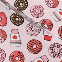 donuts and coffee - valentines day - red, pink, & chocolate on pink