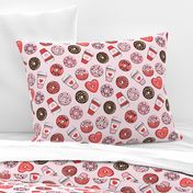 donuts and coffee - valentines day - red, pink, & chocolate on pink