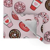 donuts and coffee - valentines day - red, pink, & chocolate on pink