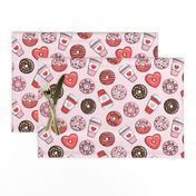 donuts and coffee - valentines day - red, pink, & chocolate on pink