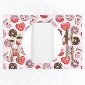 donuts and coffee - valentines day - red, pink, & chocolate on pink
